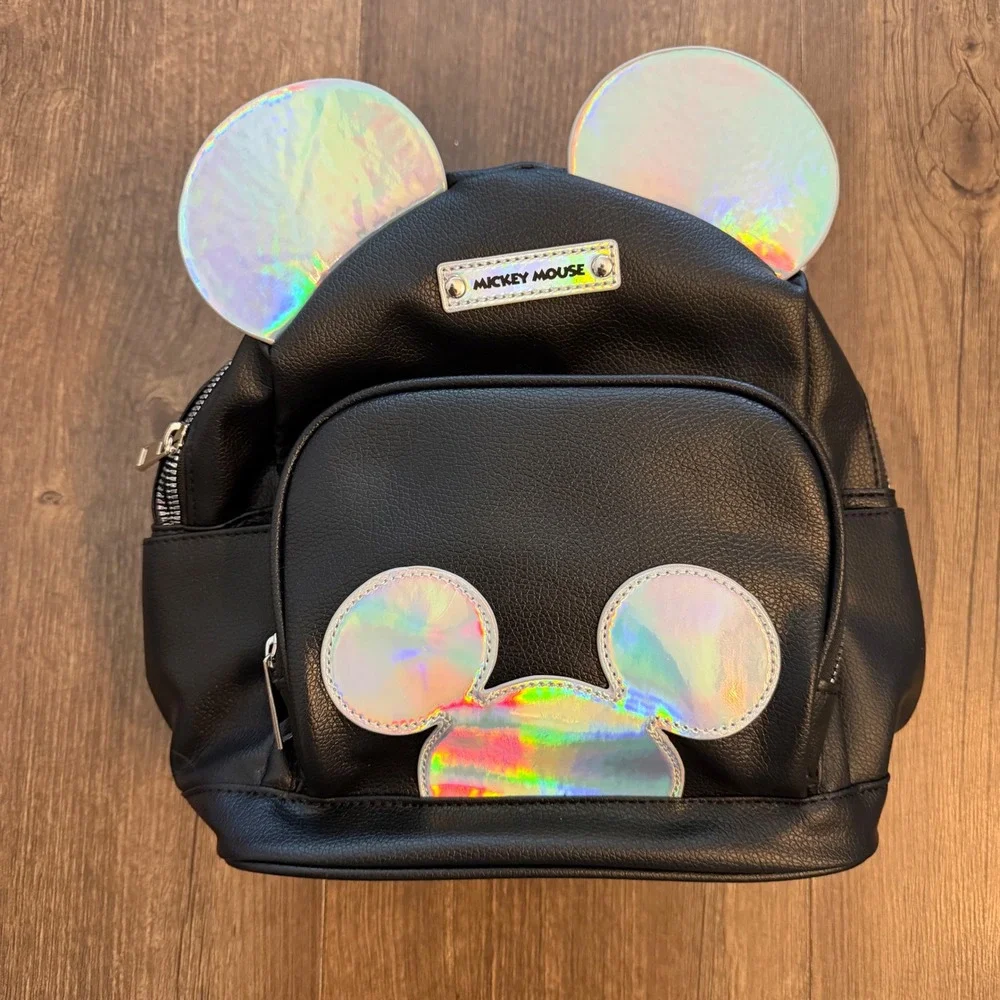Disney Mickey Mouse Mini Backpack Small Black Holographic Iridescent Ears Goth